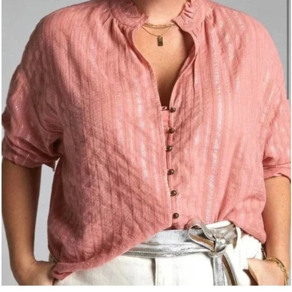 Pilcro Anthropologie The Tavi Button Down Blouse Coral Silver Stripe Peach Large